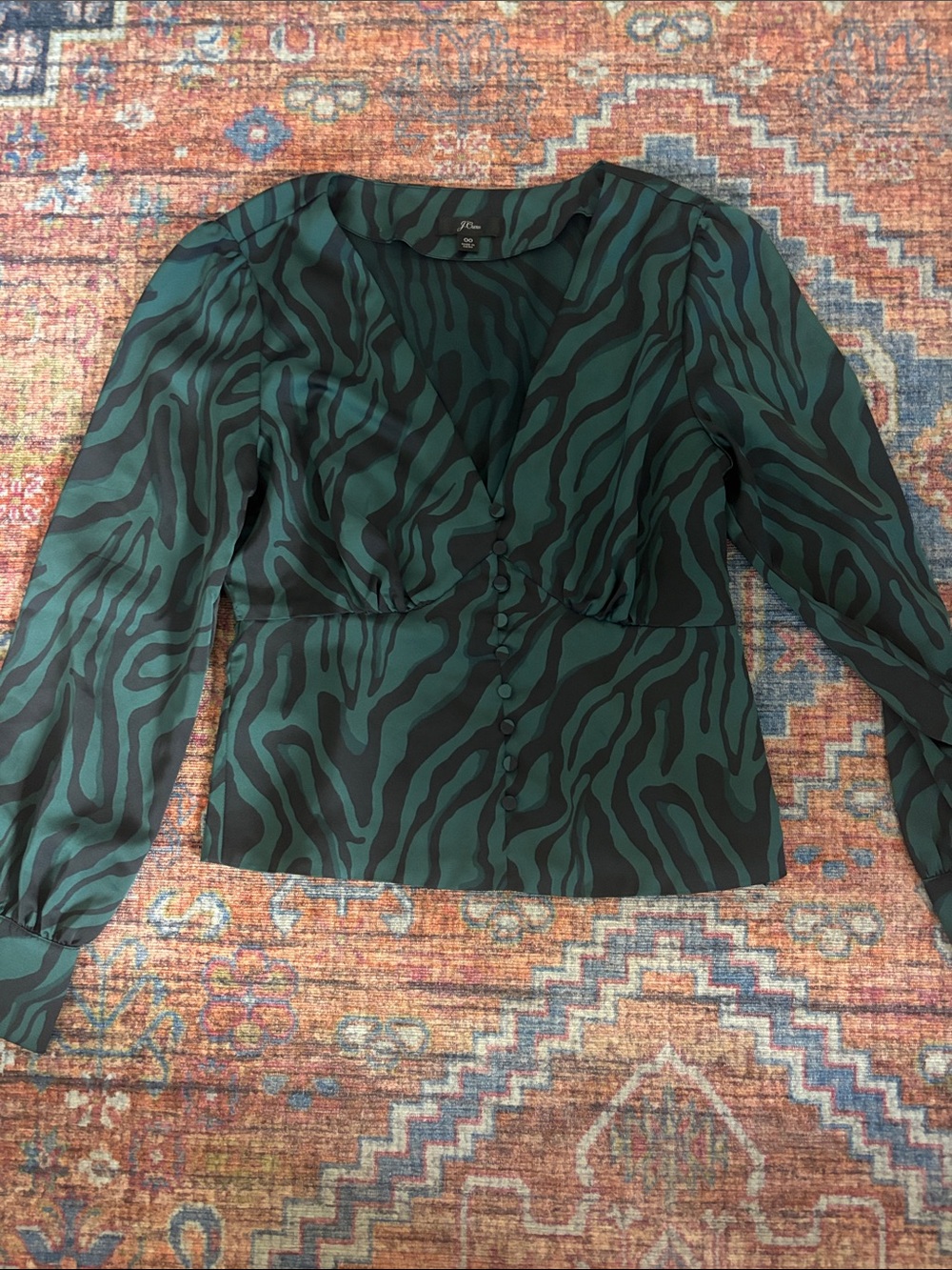 J. Crew Dark Green and Black Zebra-Print Button Front Blouse